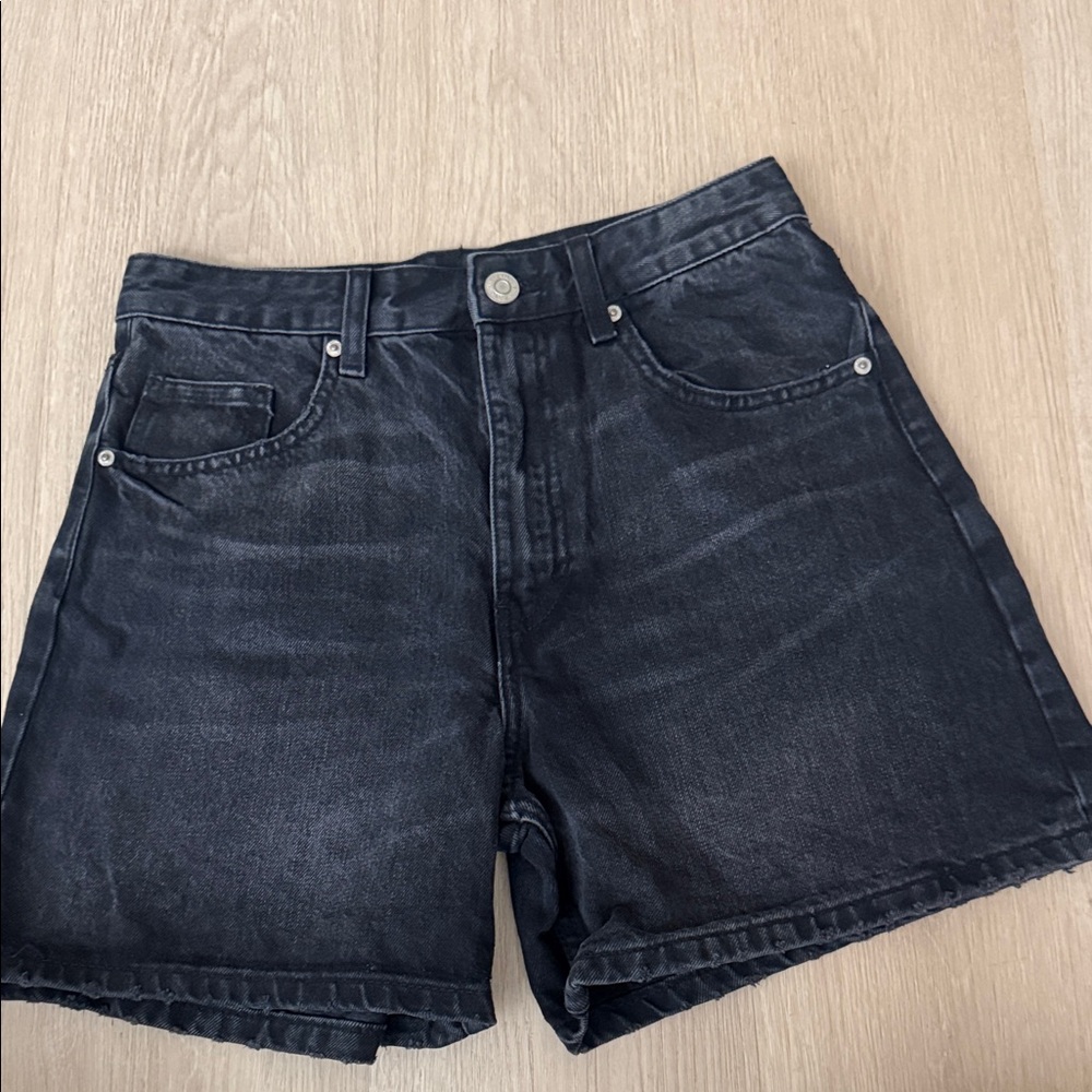Zara Black Washed High-Rise Denim Bermuda Shorts